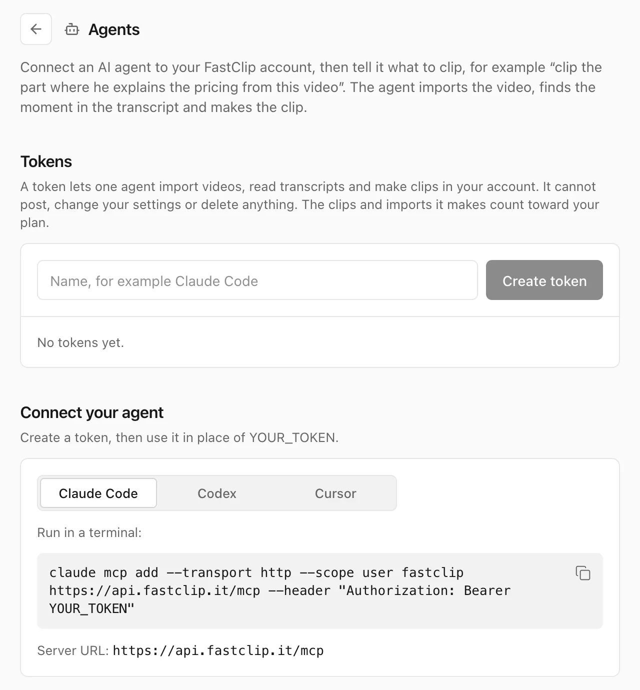 FastClip's Agents page in Settings: create a token, then copy the setup command for Claude Code, Codex or Cursor