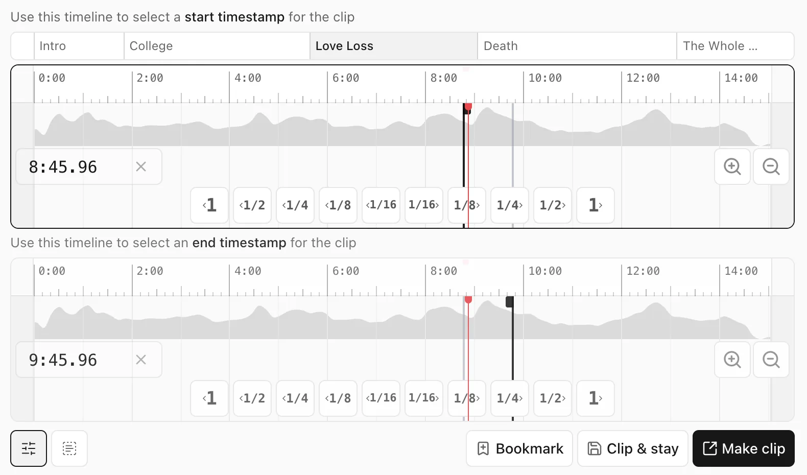 FastClip's create page: one timeline sets the start and one sets the end, over the video's chapters and YouTube's Most replayed graph